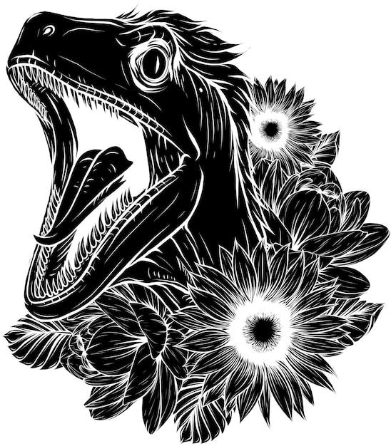 illustration of Velociraptor Dinosaur with flower
