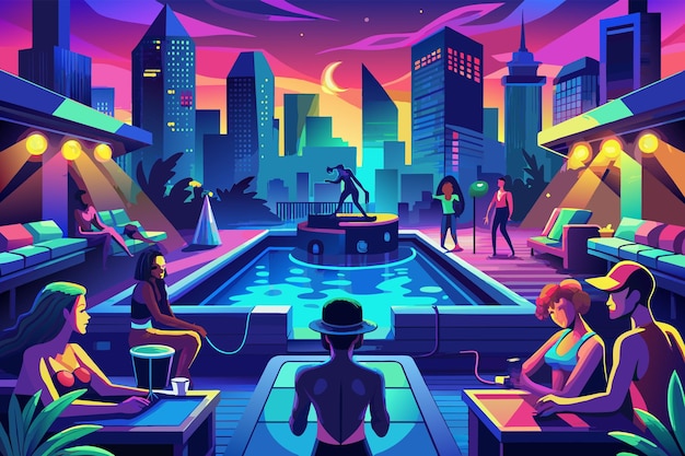 Illustration of a vibrant futuristic cityscape at night with people engaging in various activities around a neonlit pool area