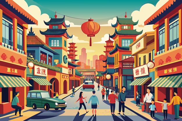 Vettore illustrazione di una vivace scena di strada in una chinatown con architettura tradizionale cinese persone che camminano in auto e una grande lanterna rossa appesa dall'altra parte della strada sotto un cielo limpido