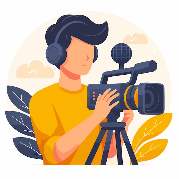 Vector illustration of a videographer or filmmaker the character is wearing headphones