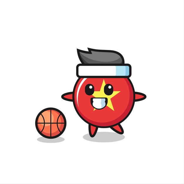 Vector illustration of vietnam flag badge cartoon is playing basketball