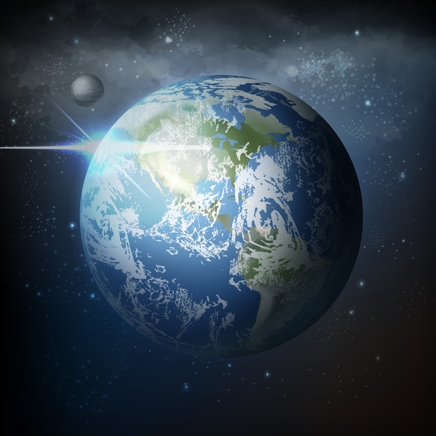 Vector illustration view from space of realistic planet earth with moon in universe with milky way on background