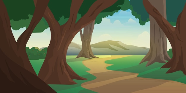 Illustration view of jungle forest with mountain background