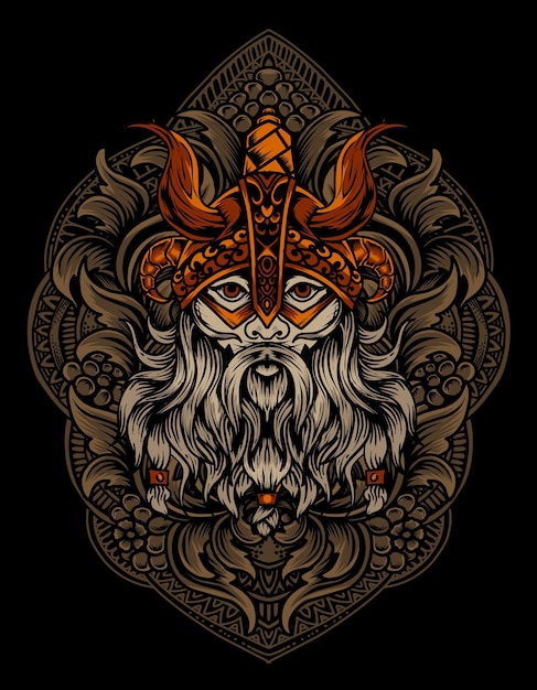 illustration viking head with engraving ornament