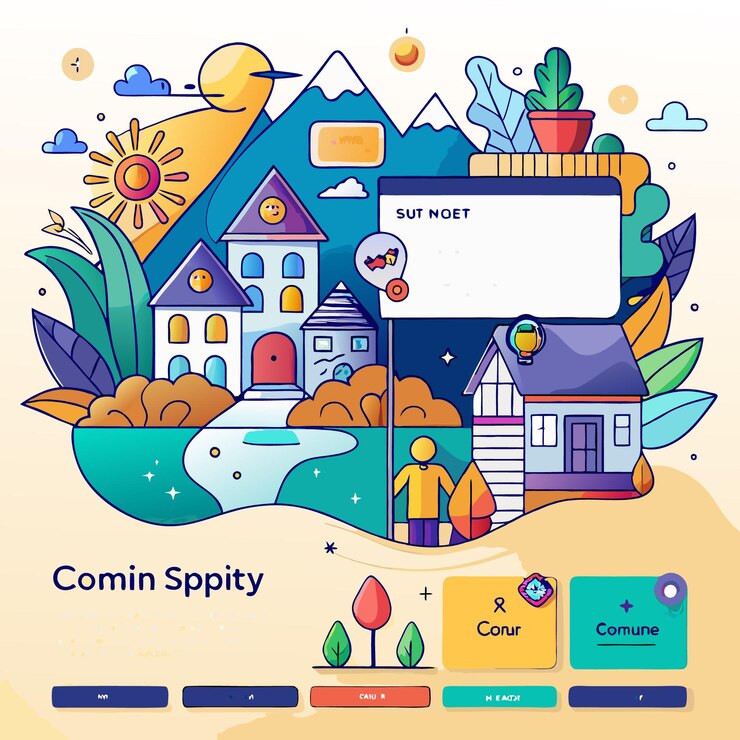 Vector illustration of a village with mountains and a man holding a surfboard on the beach