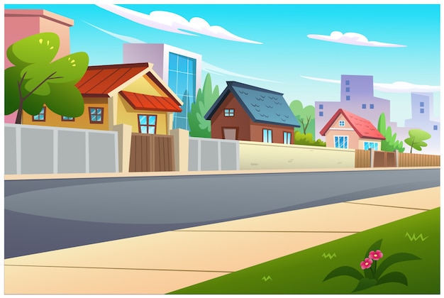 Vector illustration of villages and roads in the daytime is very beautiful.