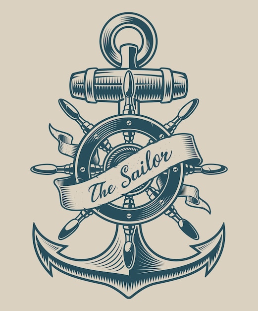 Illustration of a vintage anchor and ship wheel. perfect for logos, shirt design and many other