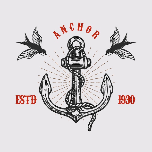 Illustration of vintage anchor with swallows in engraving style design element for logo label sign poster t shirt vector illustration