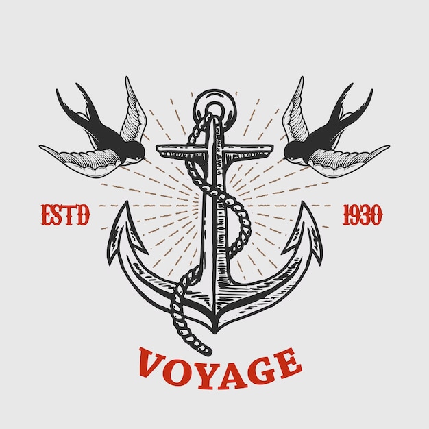 illustration of vintage anchor with swallows in engraving style design element for logo label sign poster t shirt vector illustration