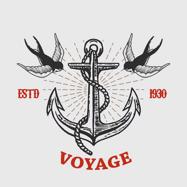 Illustration of vintage anchor with swallows in engraving style design element for logo label sign poster t shirt vector illustration