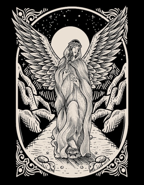 Illustration vintage angel with engraving style