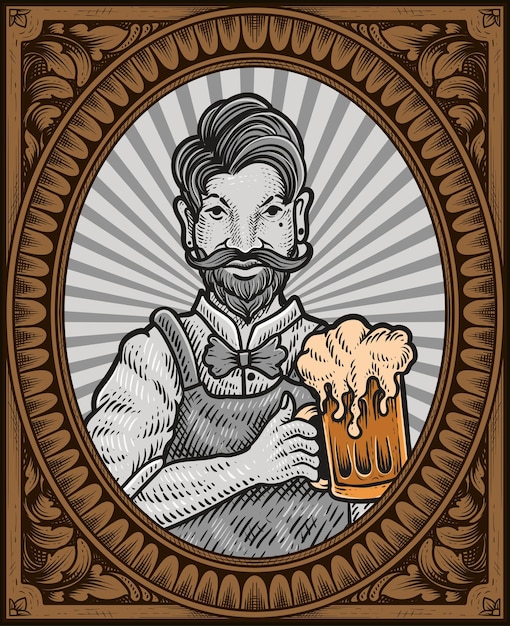 Illustration vintage bartender with antique engraving frame