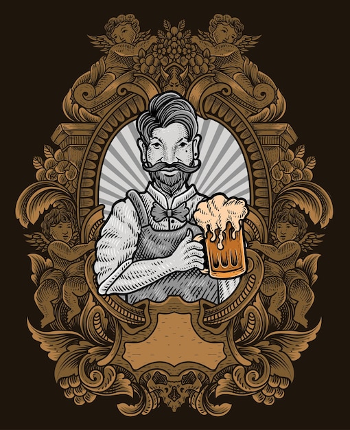 Illustration vintage bartender with engraving ornament frame