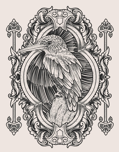 Illustration vintage bird with engraving ornament frame