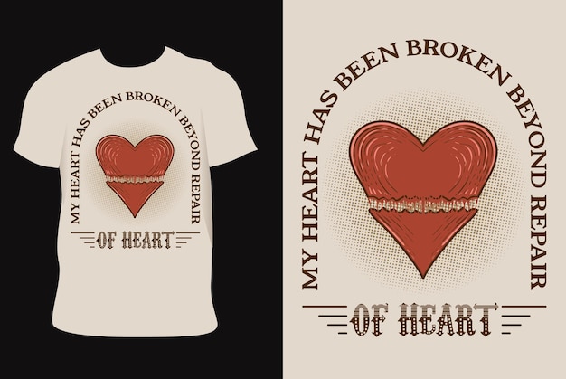 벡터 티셔츠 디자인의 빈티지 깨진 심장 일러스트레이션