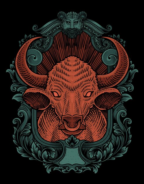 Illustration vintage bull with engraving style