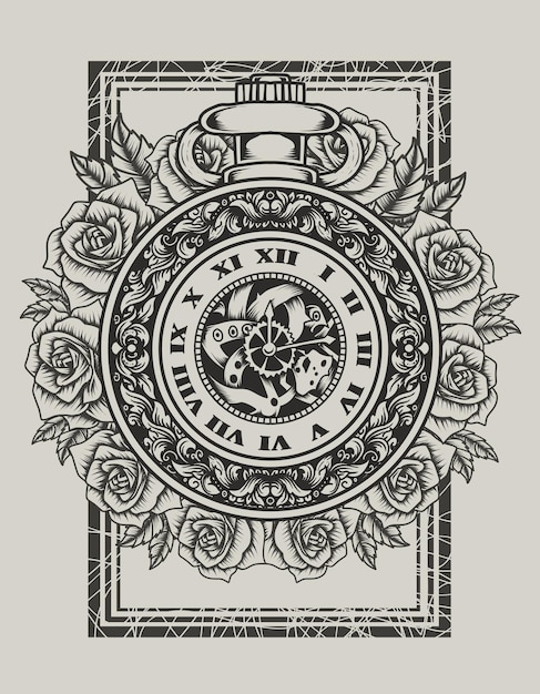 Illustration vintage clock with rose flower
