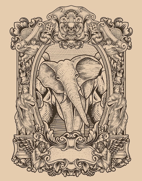 Vector illustration vintage elephant with engraving style