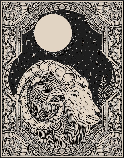 Винтажная коза иллюстрация с гравировкой стиля
