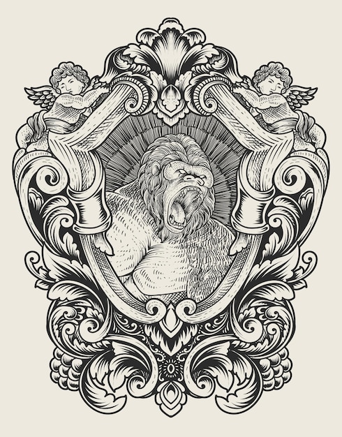 Vector illustration vintage gorilla with engraving style