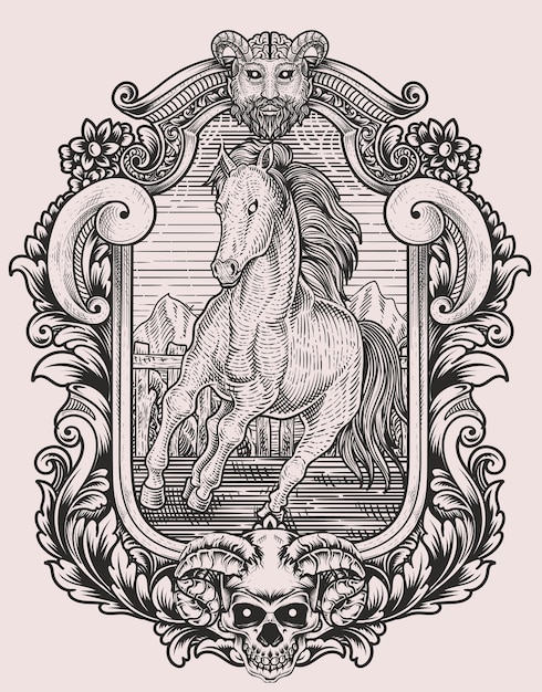 Illustration vintage horse with engraving style