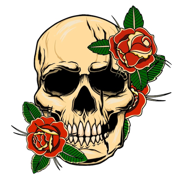 Illustration of vintage human skull with roses Design element for poster card banner sign Vector illustration