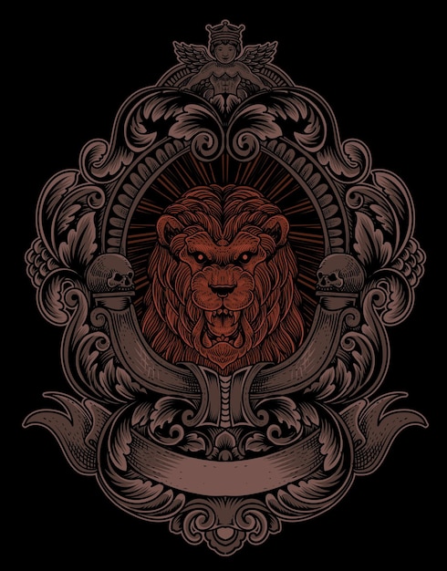 Illustration vintage lion with engraving style