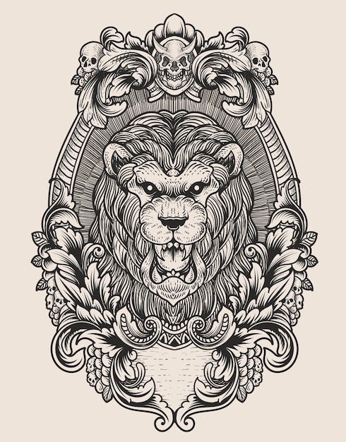 Иллюстрация старинный лев с гравировкой