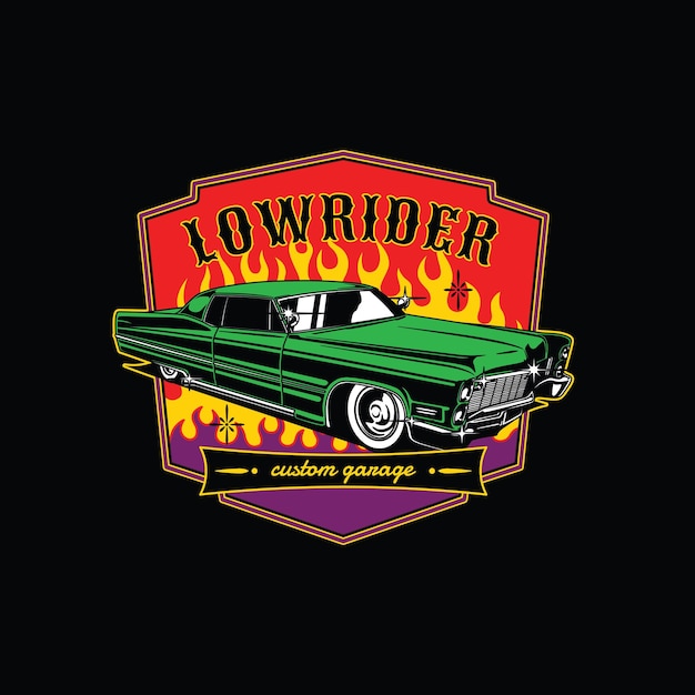 Illustration vintage lowrider car gragare club logo badge