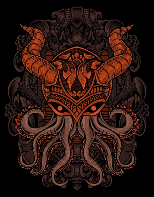 Illustration vintage octopus with engraving ornament style