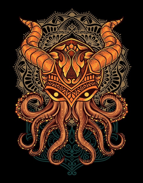 Illustration vintage octopus with mandala ornament