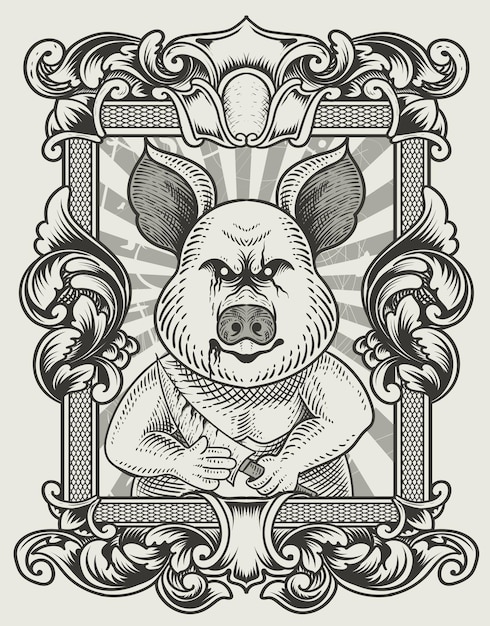 Illustration vintage psychopath pig with engraving style