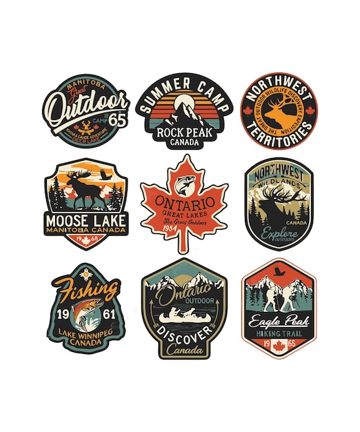 Illustration of a vintage set of adventure badges