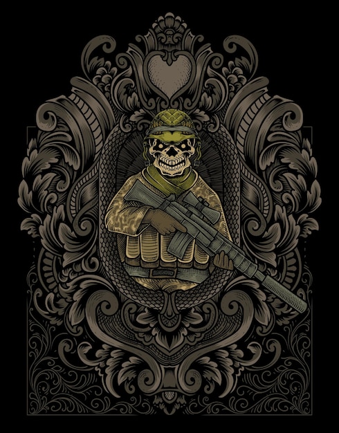 Illustration vintage skull army with engraving style