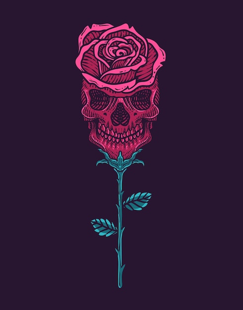 Illustration vintage skull rose flower