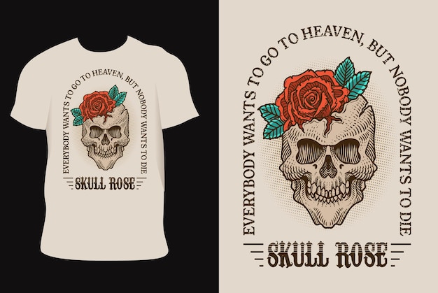 イラスト ヴィンテージの頭蓋骨とバラの花のtシャツのモックアップ