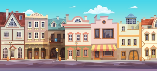 illustration of vintage stone old european city full of different houses facade view at sunny day