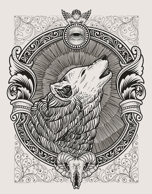 Illustration vintage wolf with engraving ornament frame