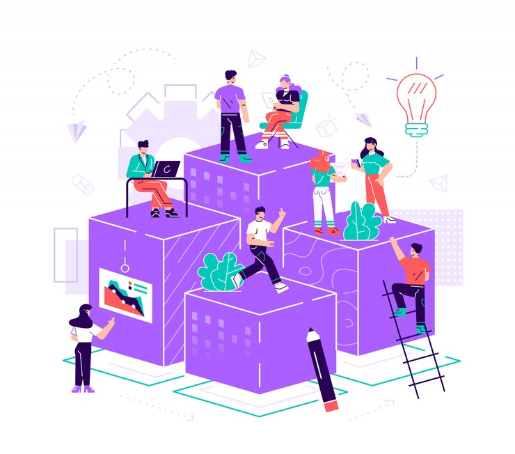 Vector illustration. virtual business assistant. teamwork on performance, brainstorming, card investment management.