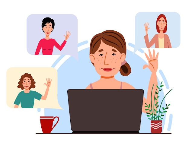 Illustration of a virtual meeting with different people who say hello