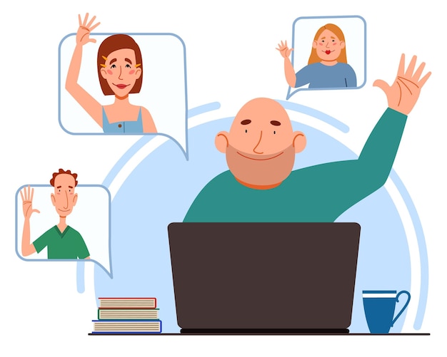 Vector illustration of a virtual meeting with different people who say hello