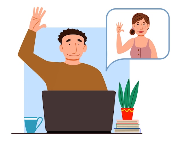 Vector illustration of a virtual meeting with different people who say hello