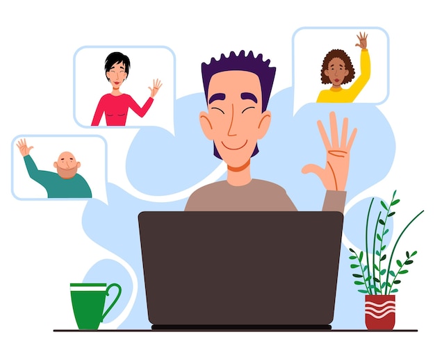 Illustration of a virtual meeting with different people who say hello