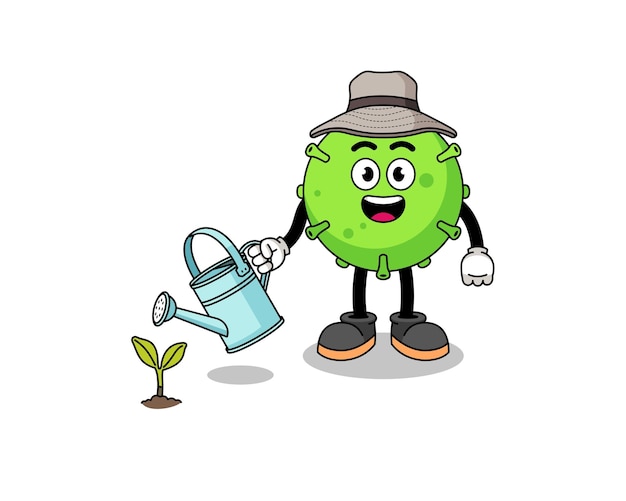 Illustration of virus cartoon watering the plant