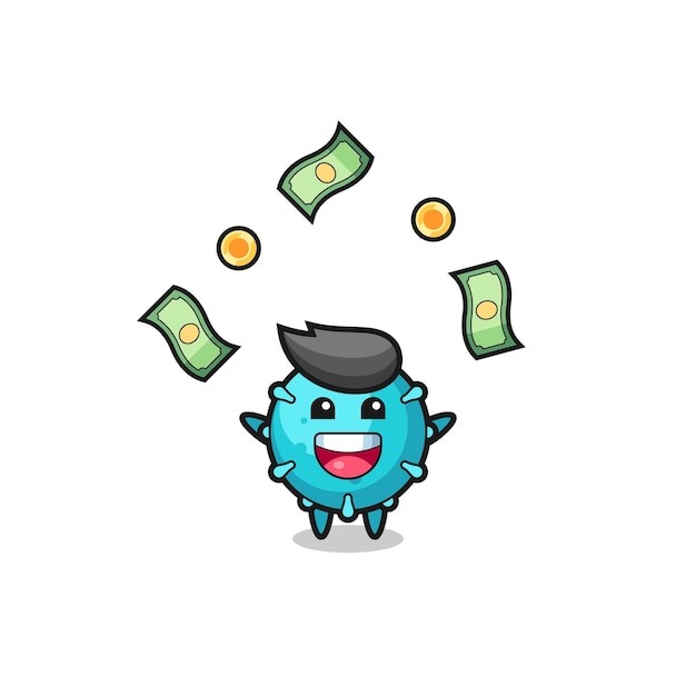 Illustration of the virus catching money falling from the sky , cute design