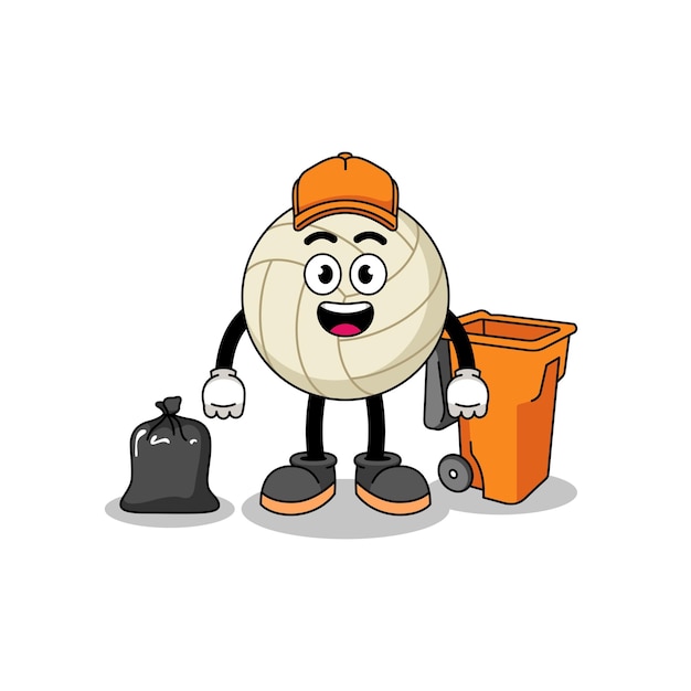 Illustration of volleyball cartoon as a garbage collector character design