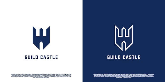 Illustration of w letter logo design for castle silhouette of letter w blue castle brick tower