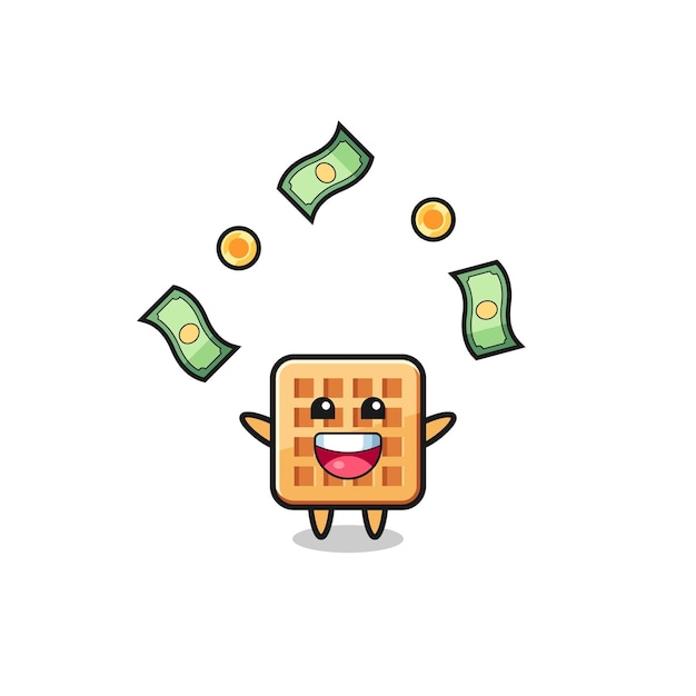 Illustration of the waffle catching money falling from the sky cute design