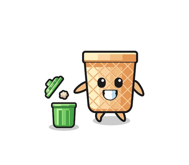 Illustration of the waffle cone throwing garbage in the trash can