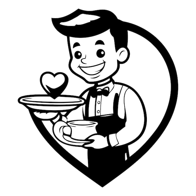 Vettore illustrazione di un cameriere che tiene un vassoio di caffè e un cuore